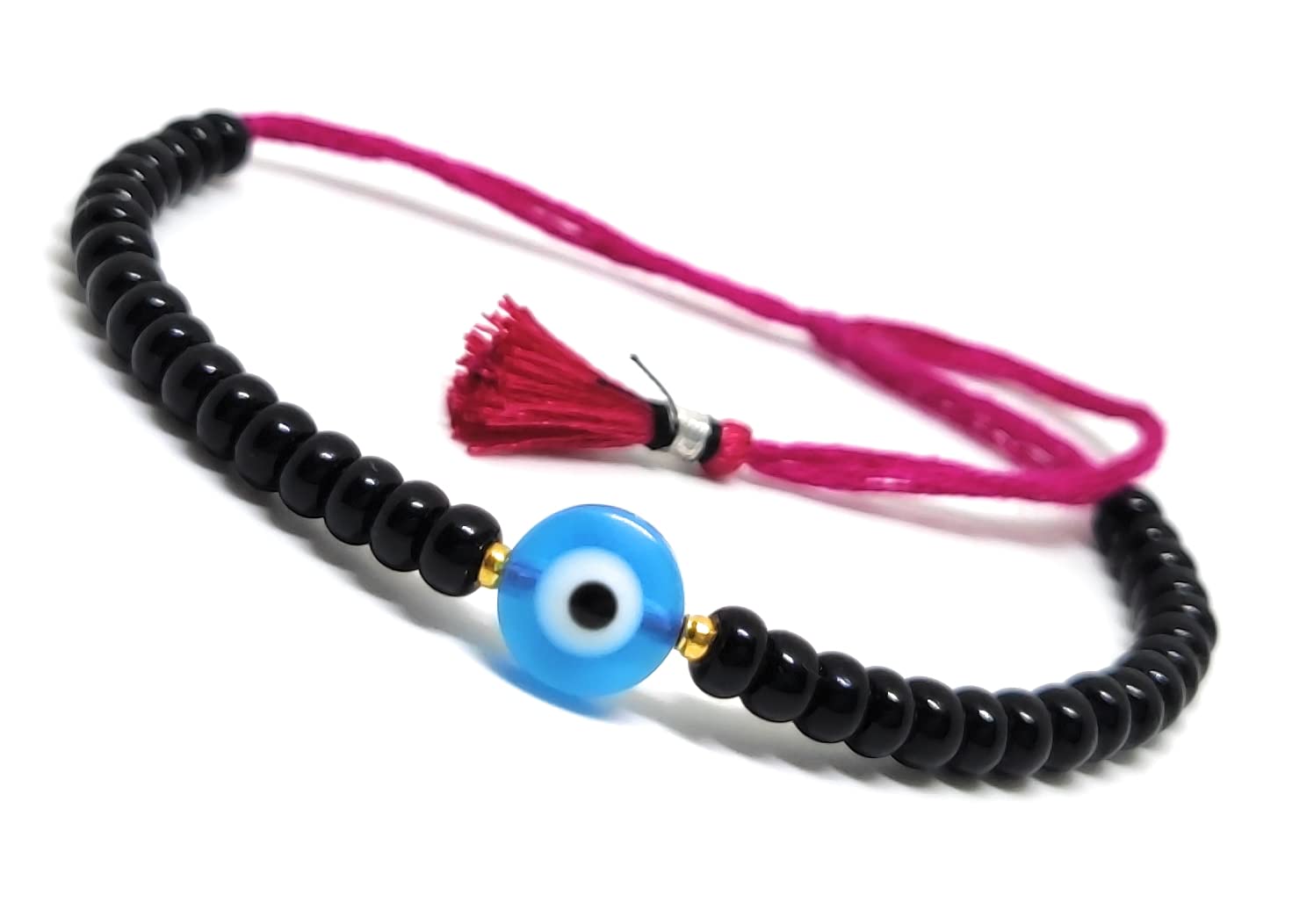 Jewel string Sea blue Evil Eye black bead Bracelet pink cord adjustable for girl women(Not for Anklet) tassle - Image 1