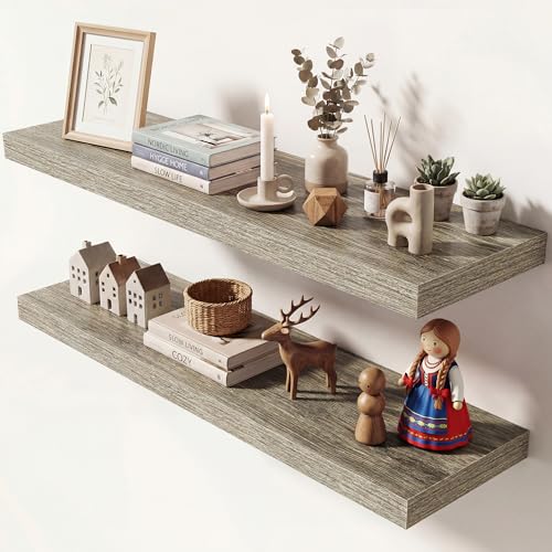 Image of Dreamland 36 Inches Floating Shelves for Wall, 9.3 inch Deep Long Floating Shelves Set of 2, Large Display & Storage Shelf, Wall Shelf for Bathroom Bedroom Living Room Kitchen Office, Grey