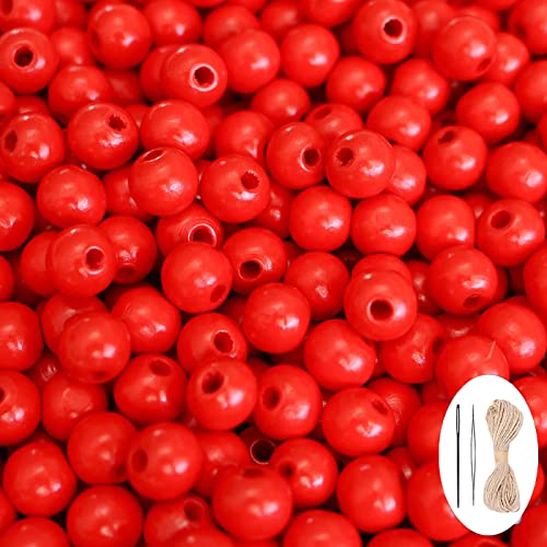 500Pcs Red Wooden Beads with Hole Round Loose Beads Natural Wood Spacer Bead with 33ft Hemp Rope 2pcs Beads Needle for Necklace Bracelet DIY Craft Supplies - 10mm