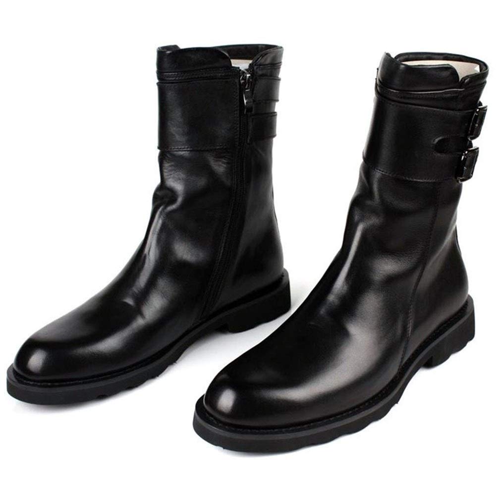 Fiesso Premium Genuine Leather Combat Boot for Men Mid-Calf Boot Pull On Style Easy Care Buckles Strap Zipper Waterproof Block Heel Round Toe