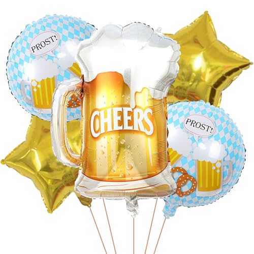 Ovanda Pack of 5 Gold Foil Balloons Birthday, XXL Wine Bottle Balloon, Beer Decoration Balloons Birthday, Beer Glass Helium Balloon for Wedding, Oktoberfest Decoration, Wedding Beer Theme Party
