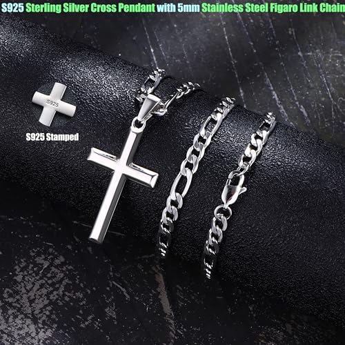 MILACOLATO 925 Sterling Silver Cross Necklace for Men Women, 5mm Stainless Steel Diamond-Cut Durable Figaro Link Chain or Cuban Link Curb Chain for Men, Mens Silver Crucifix Cross Pendant Necklaces Jewelry 16-30 Inches4
