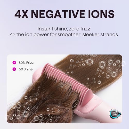 Image of Wavytalk Hair Straightener Brush, Sleek Sweep Ionic Straightening Brush, Anti-Scald Ceramic Straightener Comb with LED Display for Super Smooth Hair, Dual Voltage, Pink.