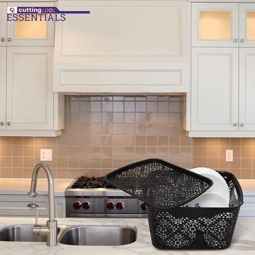 Image of Cutting Edge Essentials Plastic Storage Baskets /Shelf /Turkish Rack with Lid - Set of 2 for Fruit Vegetable Bathroom Stationary Home Basket with Handle (Black, Large)