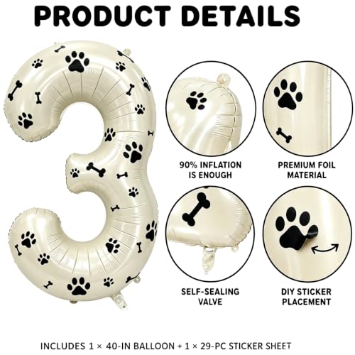 Image of 40 Inch Cream Beige Number 3 Foil Balloon DIY with Dog Paw Bone Stickers