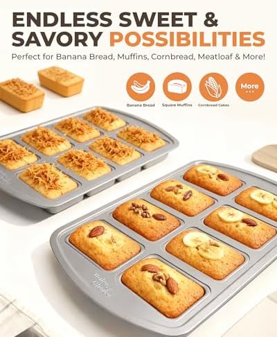 Mini Loaf Pan, 8-Cavity Non-Stick Carbon Steel Baking Pans Set for Banana Bread, Cornbread, Cheesecake, Muffins, Pound Cake, Small Meatloaf, Bread Pan - Thumbnail 2