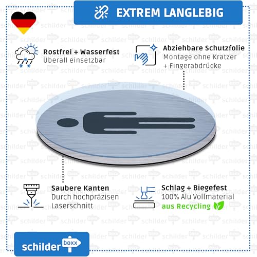 SCHILDERBOXX® WC Schild Selbstklebend - 2er Set Toilettenschild Damen und Herren [Ø75mm, 100% Alu, 3M Tape] – Türschild Toilette Aufkleber Tür, WC-Schilder, Toilettenschilder