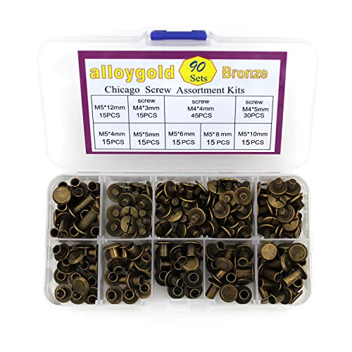 90 Sets Bronze Chicago Screws Leather Assorted Kit ，6 Sizes Of Screw Rivets For Leather Rivet For Diy Leather Craft And Bookbinding (M5 X 4, 5, 6, 8, 10, 12) #TOP5