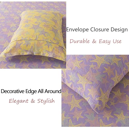 Image of FADFAY Beach Theme Sheets Set King Purple Yellow Starfish Ocean Bedding Coastal Nautical Bedding Super Soft Washed Double -Layer Muslin Sheets 100% Cotton Deep Pocket Fitted Sheet 4Pcs, King Size