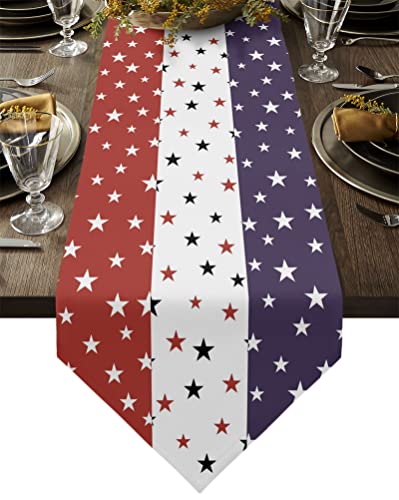 4Th Of July Linen Burlap Table Runner Star Dresser Scarves, Patriotic American Flag Independence Day Table Runners For Dinner Holiday Party,Memorial Events,Kitchen Decor Red White Blue Stars 16X72In #TOP26