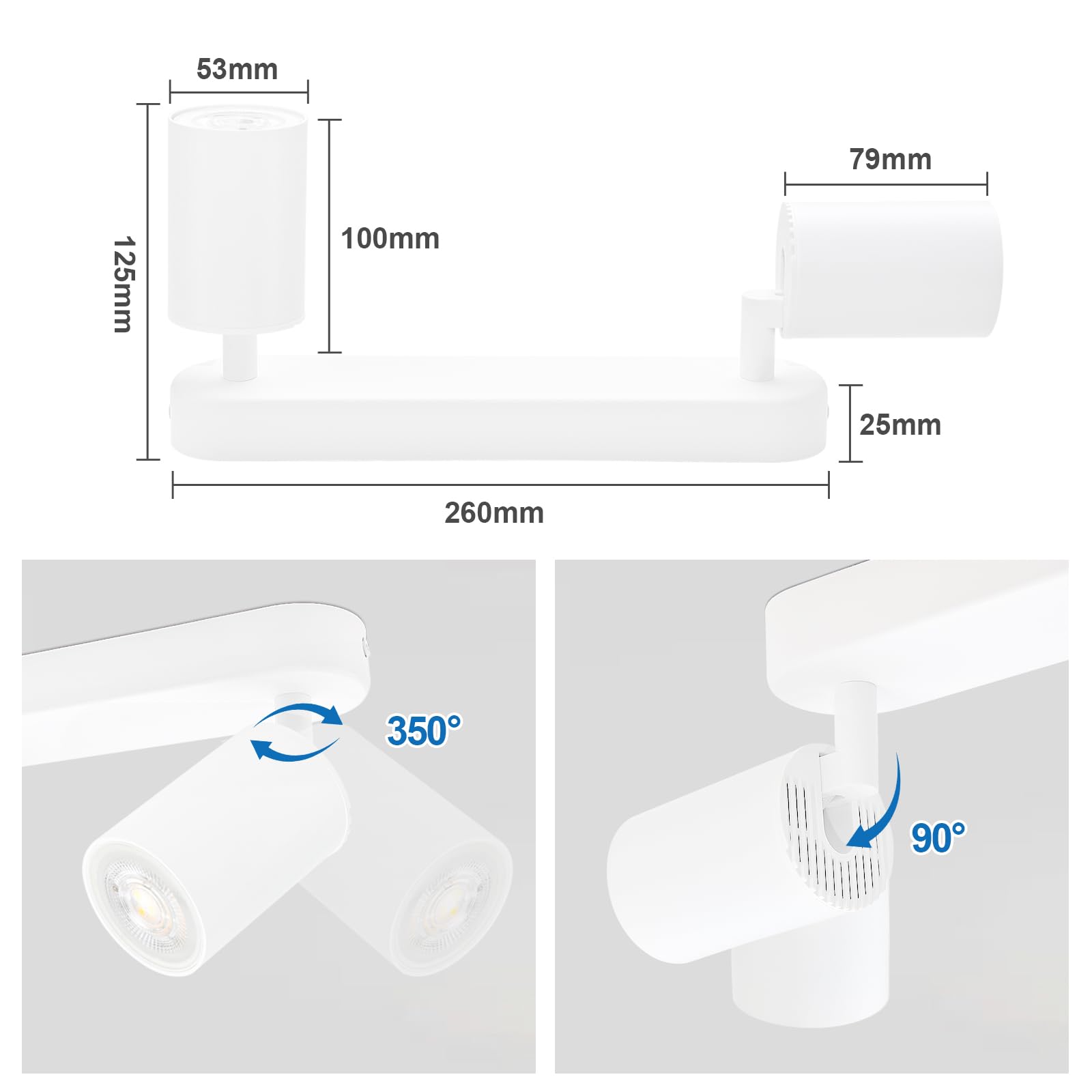 KYOTECH Lámpara de techo blanca con 2 focos Lámpara de techo LED de 5W orientable y giratoria incluida bombilla GU10 3000K 420LM Focos de techo para cocina, dormitorio, sala de estar