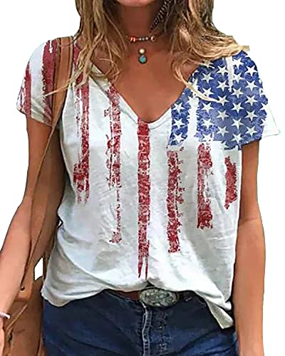 Lyeiao American Flag Shirt For Women 4Th Of July Patriotic Shirt Stars Stripes Tshirt Graphic Short Sleeve Top Tees(White,M) #TOP11