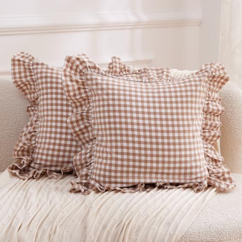 2 Pack Taupe Plaid Pillow Covers 18x18 inches, 2 Pack 100% Washed Cotton Gingham Throw Pillow, Vintage Checkered Ruffle Pillow Shams Pillow Cases for Sofa, Bed, Living Room