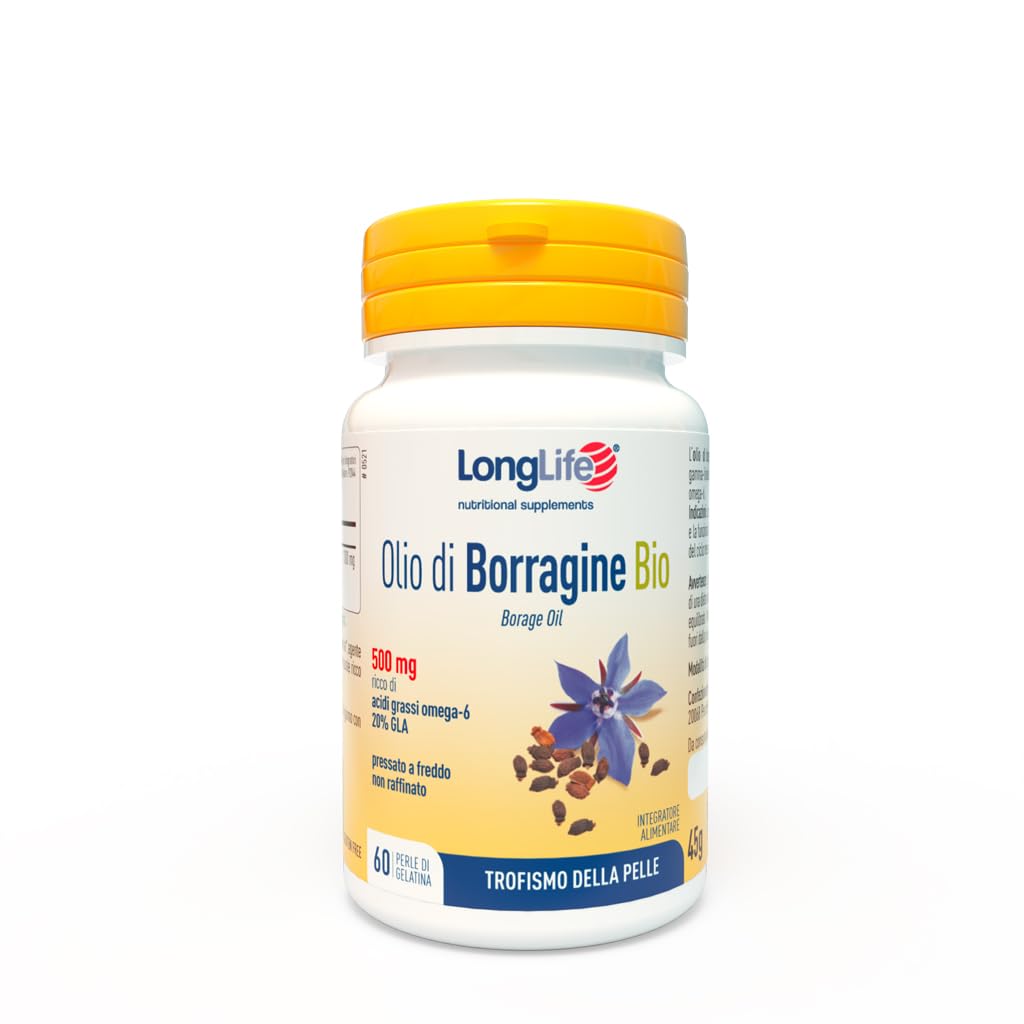 LongLife® Olio di Borragine Bio 500mg | Integratore di borragine titolato al 20% in GLA | Omega 6 | Trofismo della pelle | Benessere della donna | 60 perle | Biologico e senza glutine