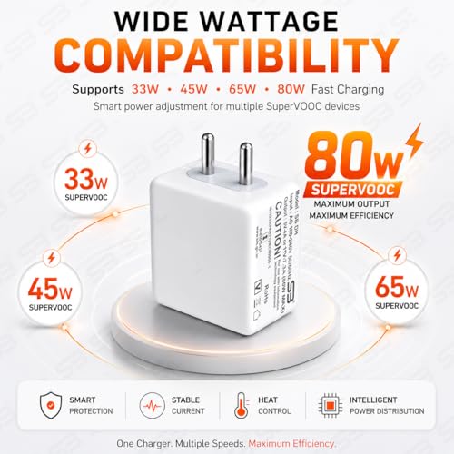Image of SB 80W SuperVOOC Fast Charger with USB to Type C Cable | 7.3A Mobile Charger Adapter | Supports VOOC, Warp, Dash, Dart & Super Fast Charging | Compatible for OnePlus, Realme, Oppo Smartphones.