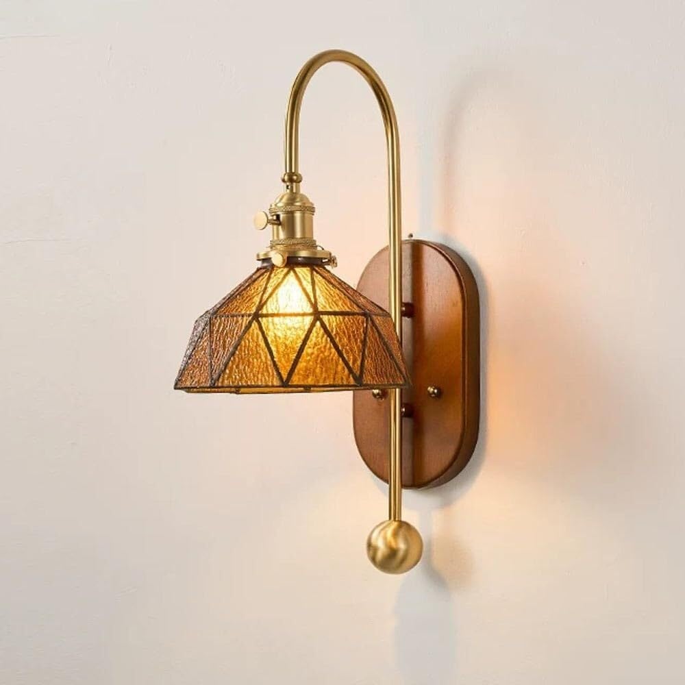 CWCQGH Retro Wood Wall Lamp Modern Antique Brass Finish Wall Light Hand-Blown Glass Shade, Wabi Sabi Nordic Solid Wood Wall Sconce for Bedroom Bedside Study Stairs Hallway Kitch,E