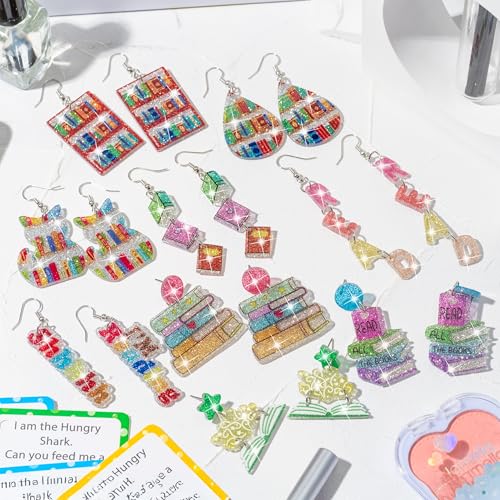 Y1tvei Black to School Earring - 9 Pairs Read Book Bookcase Sparkly Glitter Acrylic Drop Dangle Earring Read All The Books Jewelry Accessories Supply for Women Bookworms Reading Lover Bookish Gift2