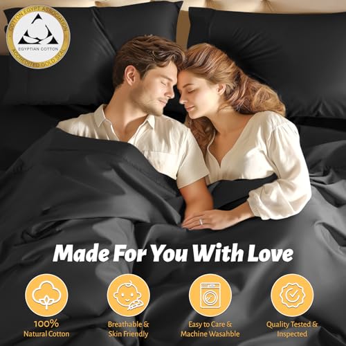 Shilucheng 100% Egyptian Cotton Sheets Set - 1000 Thread Count,Luxury Cotton Bed Sheets,Breathable & Cooling Bedding and Pillow Cases, 16 Inch Deep Pocket - 4 Piece (Black, Full)