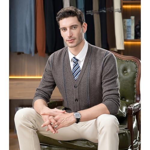 Mens 100% Wool Cardigan Sweater Casual V Neck Cable Knitted Cardigans Button Down Winter Chunky Sweaters with Pockets4