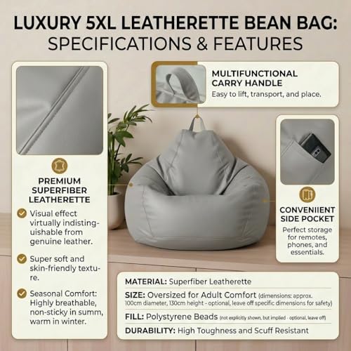 Image of KAM'S LIEU 6XL Jumbo Premium Bean Bag Chair with Footrest & Cushion | Filled with High Density EPS Beans | Comfortable Sofa for Living Room & Bedroom | 6 Months Warranty, Color- (Grey, 6XL, Premium)