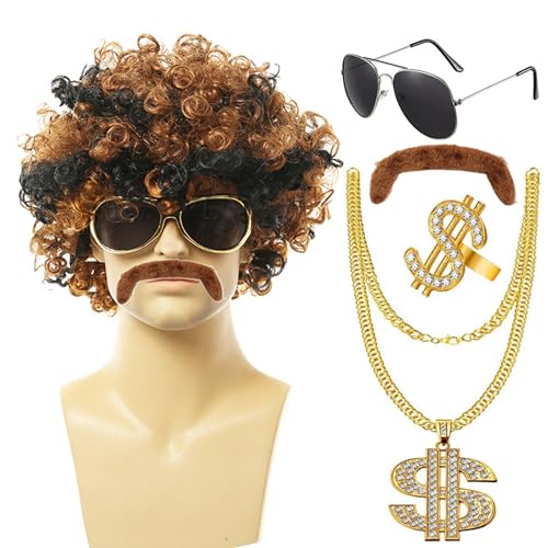 WateryWave Lot de 5 perruques des années 80 et 70 pour homme - Cheveux bouclés - Cheveux synthétiques - Lunettes de soleil - Bague - Collier pour cosplay, Halloween, fête - Noir