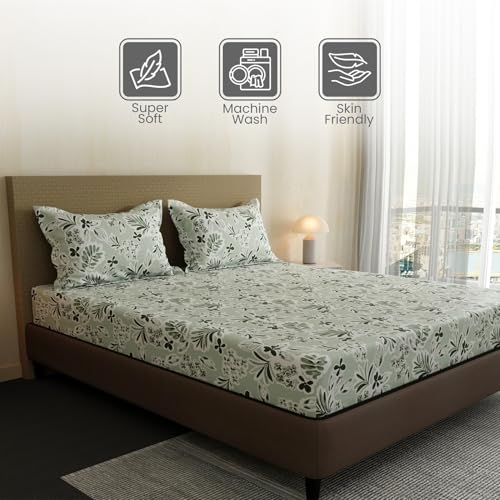 Image of Layers 100% Cotton Bedsheet for Double Size Bed | Lumina Floret Collection | 144 TC Soft & Breathable | Floral Print with 2 Pillow Covers | Wrinkle Free & Colorfast | 3 Piece Bedding Set - Grey
