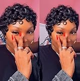 RUISENNA Pixie Cut Wigs for Black Women Pixie Cut Wig Human Hair Short Glueless Curly Wigs With Bangs Full Machine Made Wigs for Daily Use Color 1B