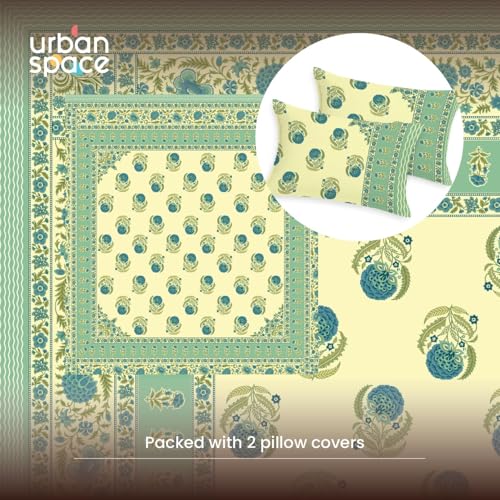 Image of Urban Space 100% Cotton Jaipuri Handblock Premium Printed King Size Bedsheet with 2 Pillow Covers, 240 TC Cotton King Bedsheet (108 x 108 Inches, Chaandbali Sage Green)