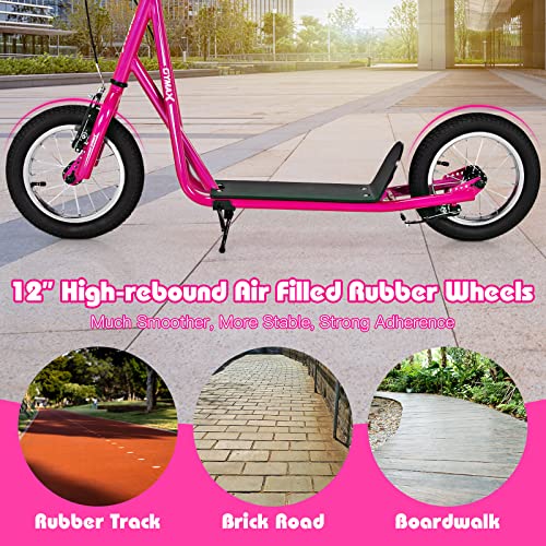 Image of GYMAX Scooter, Kids & Adults Off-Road Scooter with 12 inch Inflatable Wheels, Adjustable Height Handlebar, V-Type Handbrakes & Axle Pegs for All Terrain, 8+
