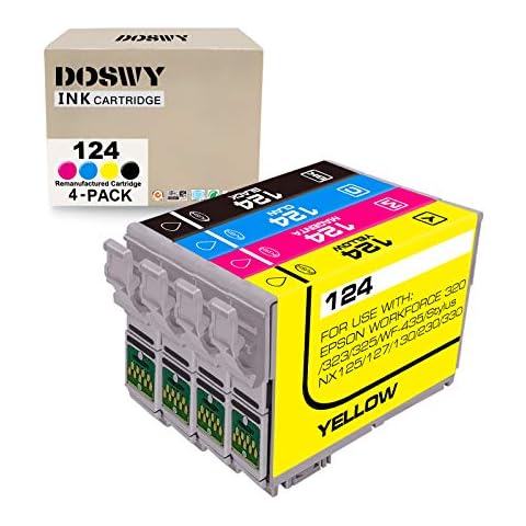 Doswy 4 Packs T124 Remanufactured Ink Cartridge Replacement for Epson 124 use for Epson Stylus NX125 NX127 NX130 NX230 NX330 NX420 NX430 Workforce 320 323 325 435 (1 Black 1 Cyan 1 Magenta 1 Yellow) Cover