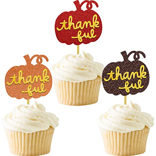 Gankbite Pumpkin Thankful Cupcake Topper Thanksgiving Decoration Fall Dessert Food Picks Dinner Friendsgiving Give Thanks Party Decor #TOP13