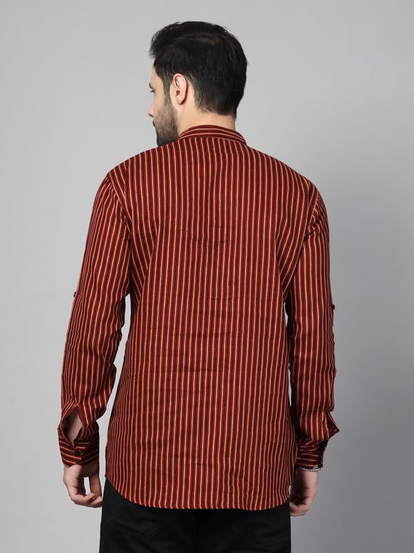 Image of Vastraa Fusion Men's Handloom Weaving Pure Cotton Short Kurta, Round Collar, Full Sleeves,Button Kurta, Ethnic Wear