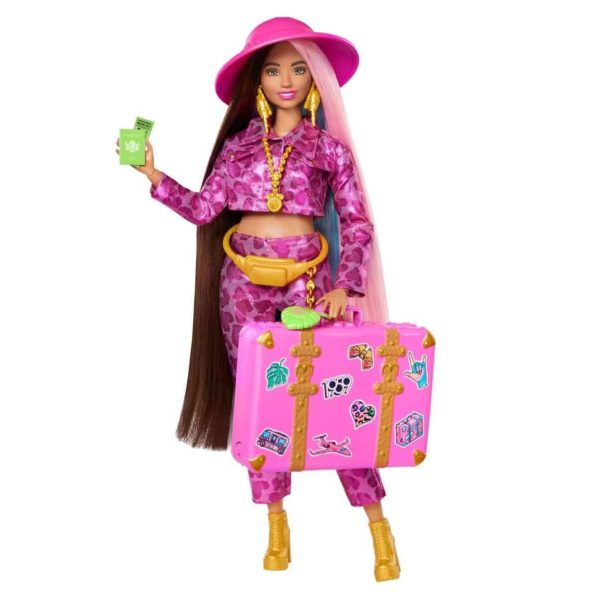 Barbie Extra Fly Lalka Safari w podróży z ubrankami na safari, strój ze zwierzęcym nadrukiem i walizka HPT48