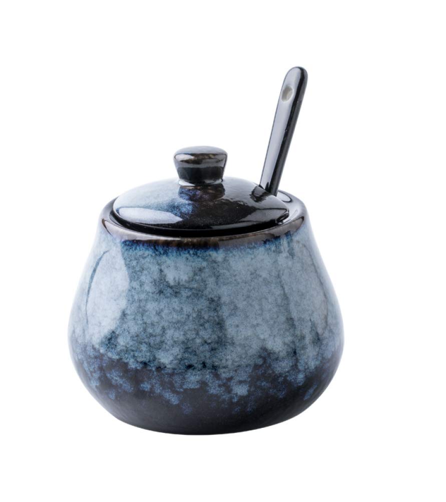 dalilylime Antique Ceramic Sugar Bowl Salt Bowl with Lid and Spoon 8oz Seasoning Set (Grey Blue) Seasoning Can