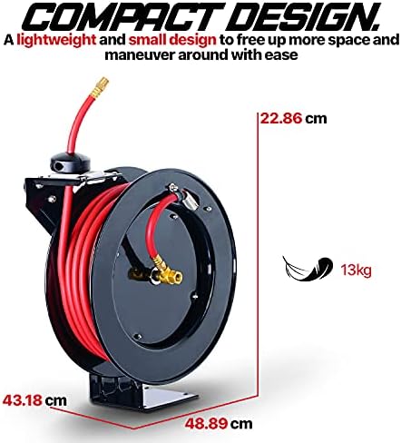 ReelWorks Air Hose Reel Retractable 3/8" Inch x 50' Feet Hybrid Polymer Hose, Max. 300 PSI Compressor Water Plastic Spring Driven Swivel Bracket