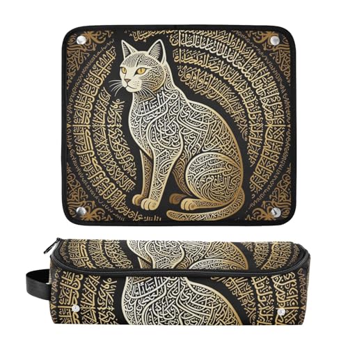Organizador de herramientas para cabello 2 en 1 con tapete resistente al calor y cierre con cremallera, impermeable, para planchas, rizadores y alisadores, con arte de gato y caligrafía árabe dorada miniatura 3