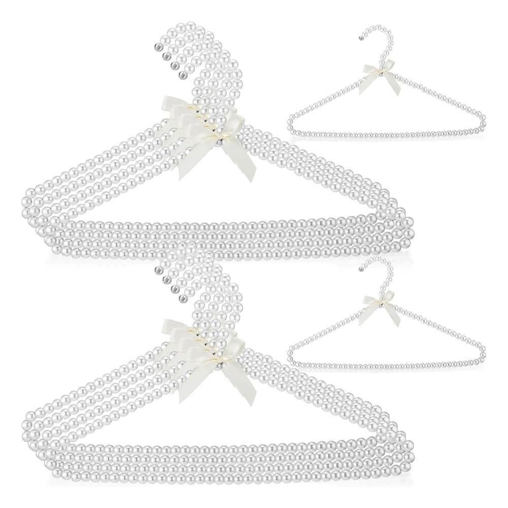 Vjsujehgy 10 Pcs 16 Inch Pearl Clothes Beaded Clothing Hanger with Ribbon Bowknot Metal Elegant Clothes Standard Hanger
