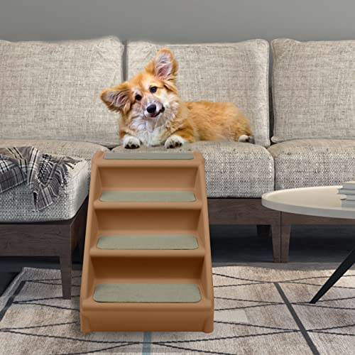 LZQ Hundetreppe Katzentreppe für Kleine Hunde Klappbar PP-Kunststoff Haustiertreppe 50cm Hoch mit Rutschfesten Stufen Hunderampe Sofa für Hunde und Katze zum Klettern und Kratzen, Braun