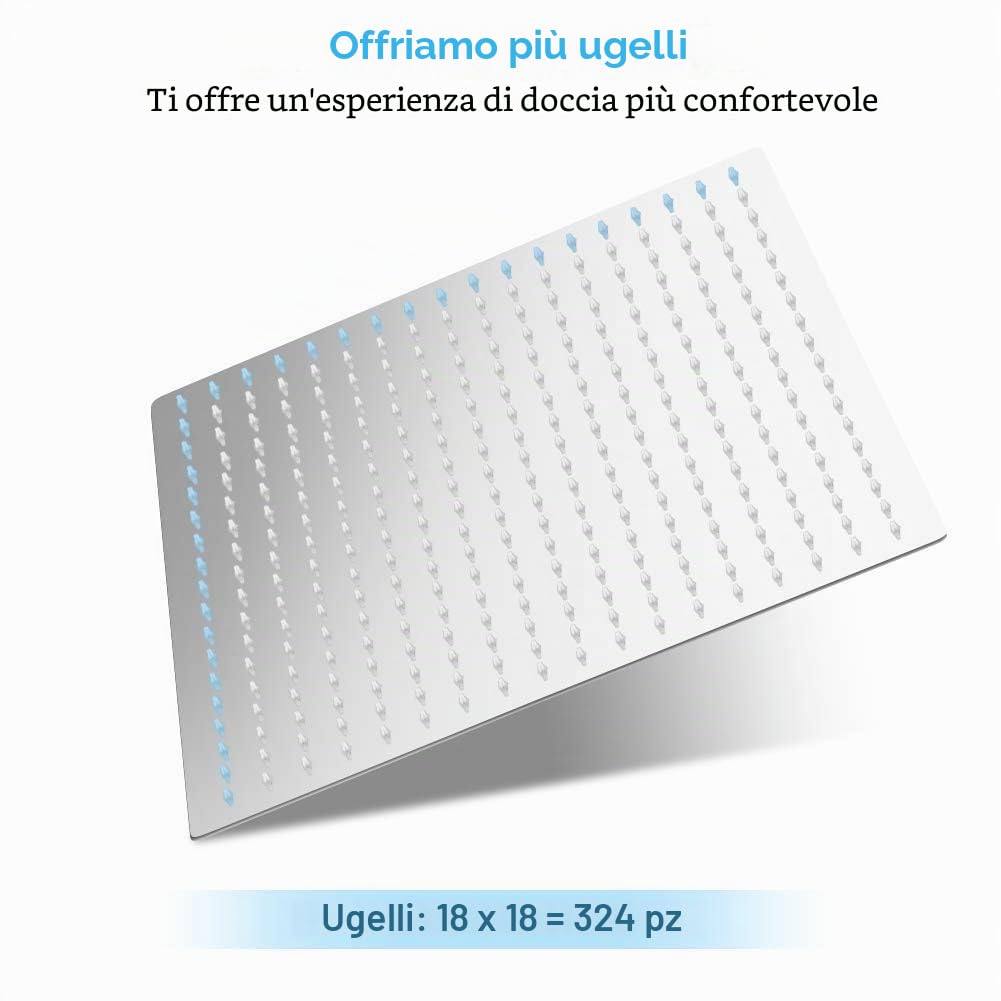 50 x 50 cm Soffione Doccia a Pioggia in Acciaio Inossidabile, Soffione Rettangolo Ultrasottile da 16 Pollici, Soffione doccia a Incasso Tondo ad Alta Pressione e Risparmio Idrico per Bagno, Argento