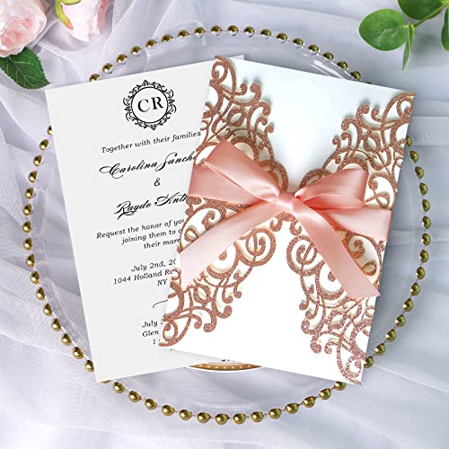 Ponatia 25Pcs 5.12 X 7.1 '' Laser Cut Wedding Invitations Cards With Envelopes Ribbons For Wedding Bridal Baby Shower Engagement Sweet 16 Birthday Invite (Rose Gold Glitter) #TOP1