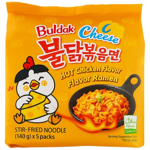 Ramen con fideos salteados con pollo picante, Hot Chicken Ramen Queso, Hot chicken ramen instantáneo muy rico y picante, Sabor a Queso, Pack 5 paquetes de 140g cada uno
