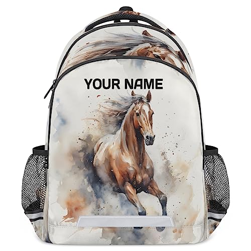 Custom Name Backpack for Boys Girls Teens Watercolor Horse Personalized 16 Inch Kids Backpack Animal Horse Painting Middle Schoolbag Primary Elementary Student Bookbag for Back to School Gift