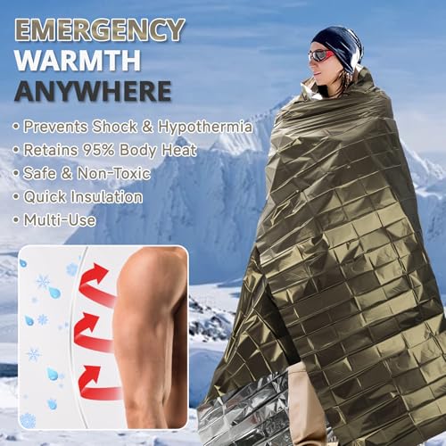 Image of SecuCaptain Survival Emergency Thermal Blankets: Extra Large 84 inch x63 inch Space Mylar Blanket Kit for Outdoor Cold Winter Camping Hiking Car Bug Out Bag or First Aid - 10 Pack Amy Green