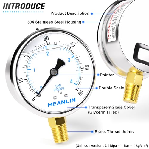 Image of MEANLIN MEASURE 0~60Psi Stainless Steel 1 /4 inch NPT 2.5 inch FACE DIAL Liquid Filled Pressure Gauge, Pool Sand Filter Pressure Test Lower Mount(Pack of 2) with 1 /2 inch NPT and 3 /8 inch NPT Hex Bushing