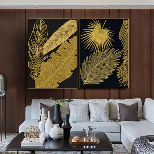 Peintures sur toile moderne affiche feuilles noires et dorées décoration murale 60x70cm