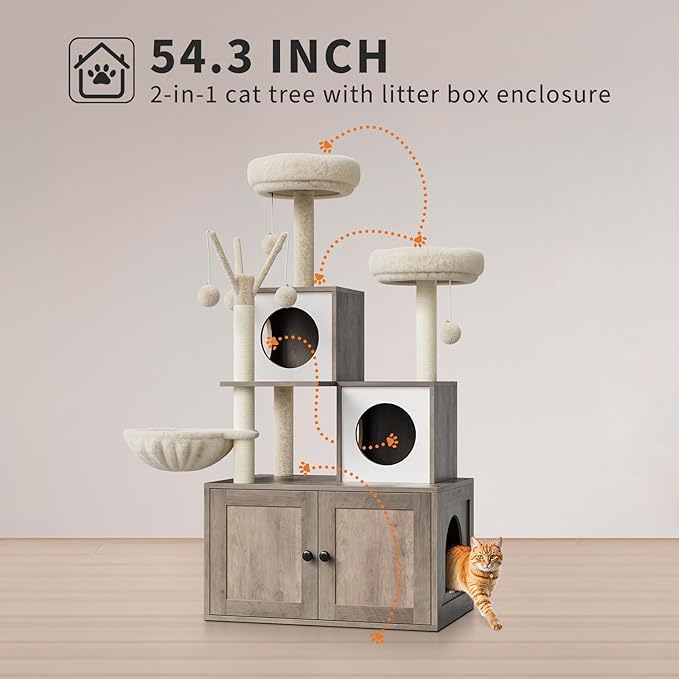 Arbre à Chat avec litière, Meuble Litiere Chat 140cm, Moderne Arbre Chats avec Kit Anti-Bascule, avec 2 Grandes Plateformes, 2 Armoires Cachées et des Balles Suspendues,Gris