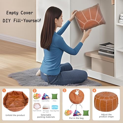 Thgonwid Unstuffed Moroccan Storage Pouf Foot Stool Ottoman Seat Handmade Faux Leather Bean Bag Floor Chair Foot Rest for Living Room, Bedroom or Balcony (Brown) - Image 5