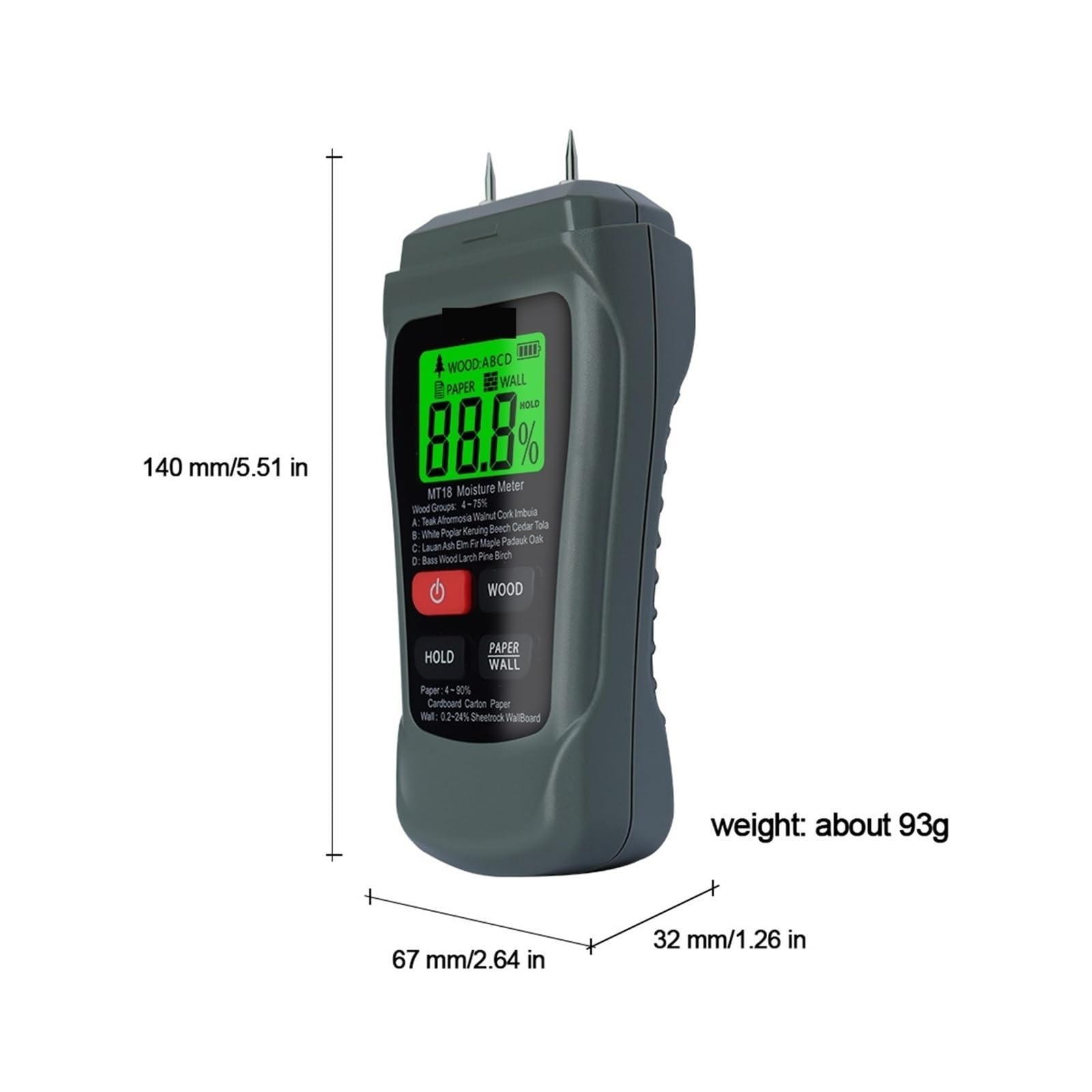 Medidor de humedad, Medidor de humedad madera digital MT-18 gris 0 a 99,9% con dos clavijas, comprobador papel, higrómetro pared, detector Para jardinería y agricultura(Grey with battery)
