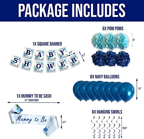 Baby Shower Boys 22pcs Decoration Bundle Blue Floral - Gender Reveal Banner Garland, Bunting, Latex Balloons, Pom Poms And Sash For Mum To Be - Botanical Decor for Boy