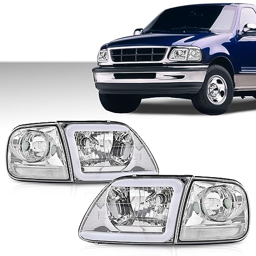 Image of GRAND ORANGE Headlights Assembly & Corner Parking Lights Kit Compatible with 1997-2004 Ford F150 /1997-2002 Ford Expedition / 1997-1999 F250 Clear Lens Chrome Housing Clear Reflector